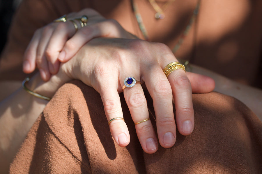 Lunette Ring with Blue Sapphire & Diamond Halo