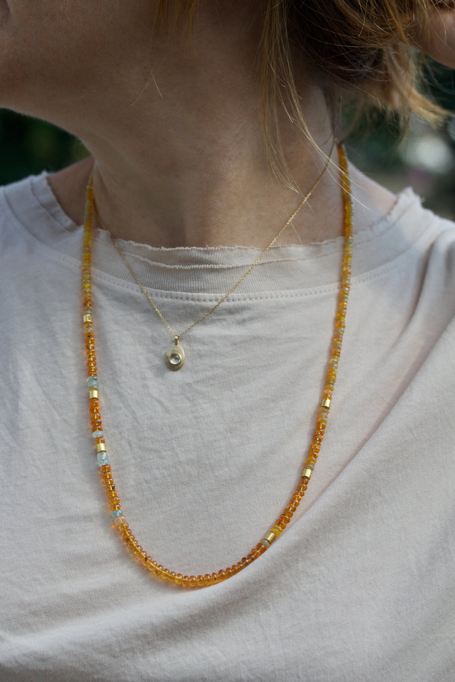 Spessartite Garnet, Opal, Aquamarine and High Karat Gold Beaded Necklace