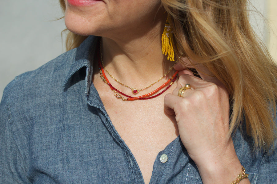Coral, Spessartite, Ruby, Aquamarine &  High Karat Gold Beaded Necklace with a Handmade Clasp