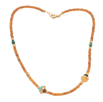 Opal, Turquoise, Carnelian & Emerald Necklace with High Karat Gold Beads