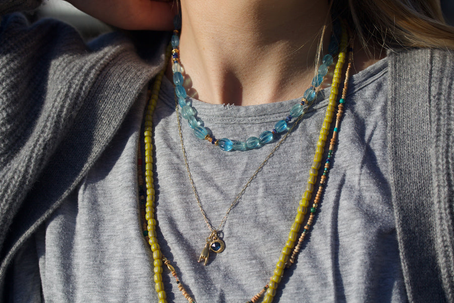 Carved Aquamarine Necklace with Gemstones & High Karat Gold Beads