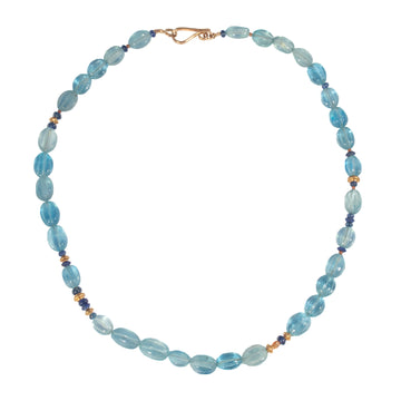 Carved Aquamarine Necklace with Gemstones & High Karat Gold Beads