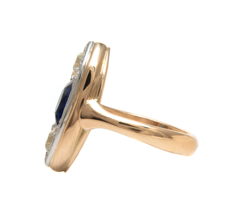 Blue Sapphire & European Cut Diamond Navette Style Ring