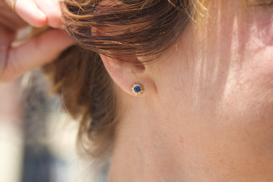 Carved Stud Earrings with Blue Sapphire