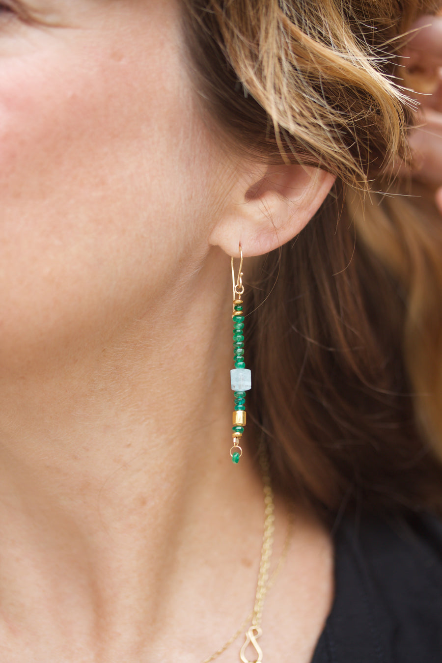 Emerald, Aquamarine & High Karat Gold Dangle Earrings