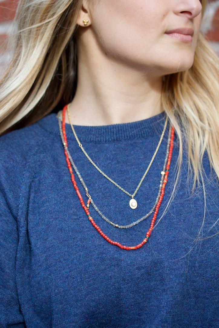 Coral, Emerald & High Karat Gold Necklace