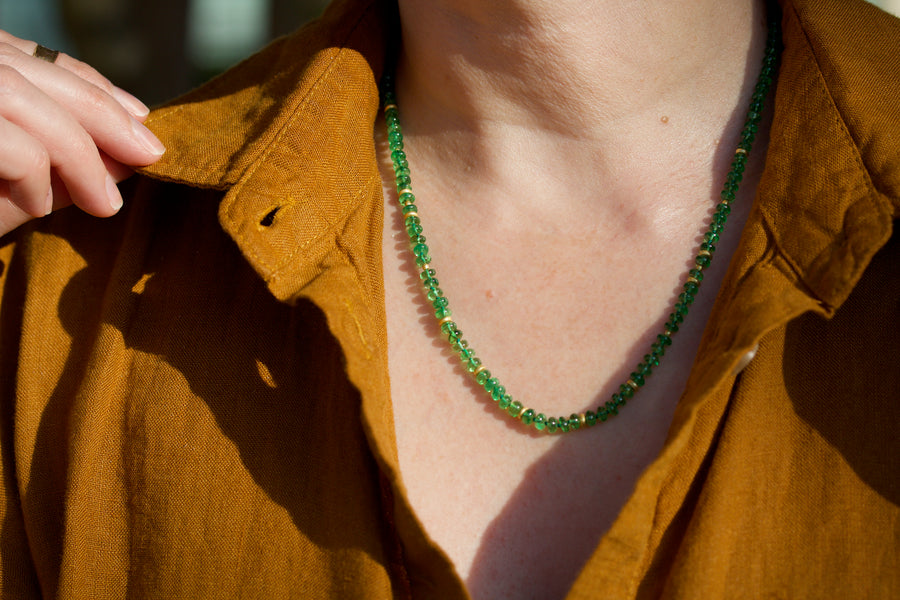 Tsavorite Garnet & High Karat Gold Beaded Necklace