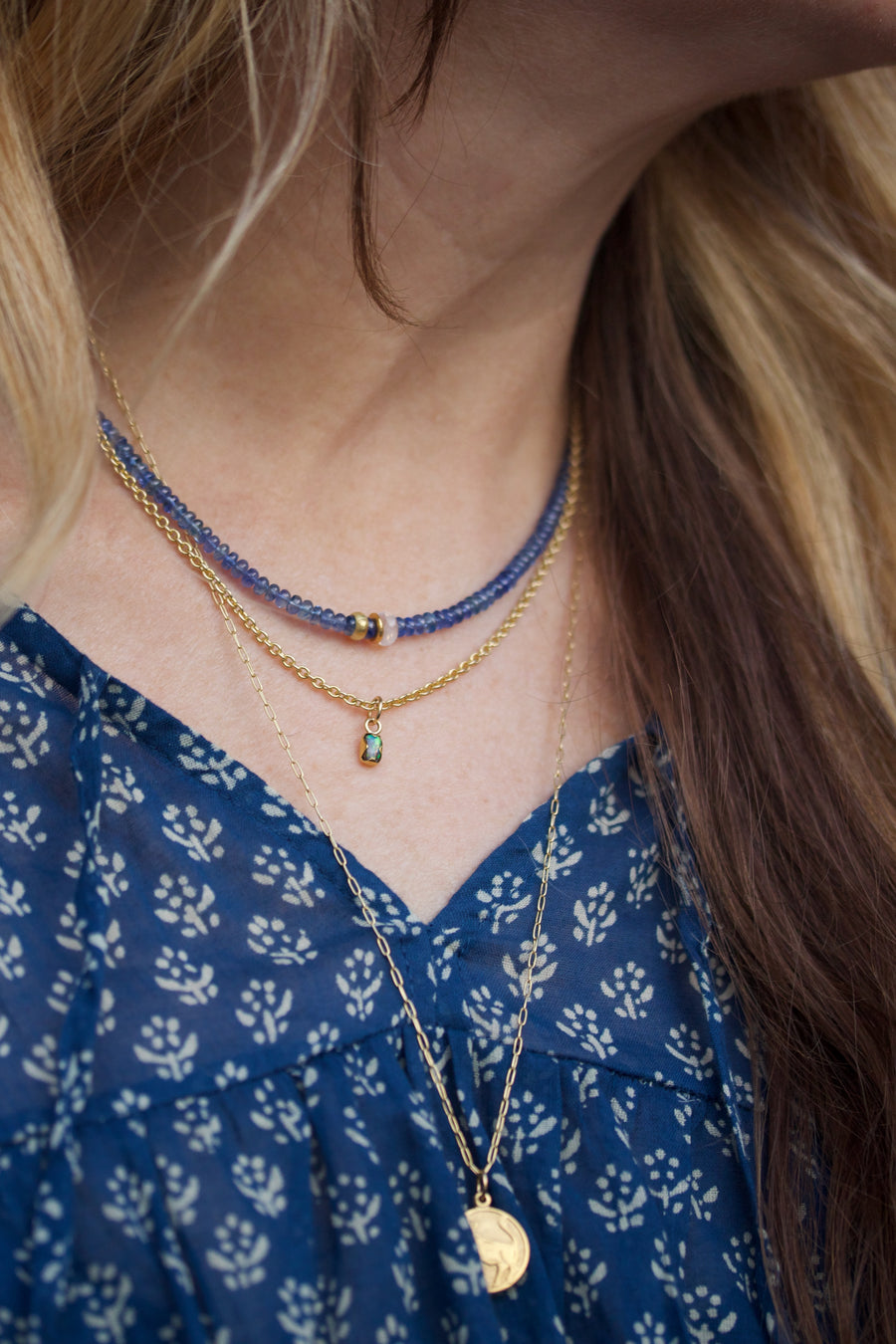 Sapphire, Moonstone & High Karat Gold Necklace