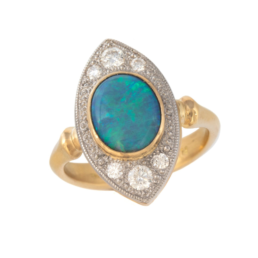 Opal Navette Ring with Bead Set Diamonds