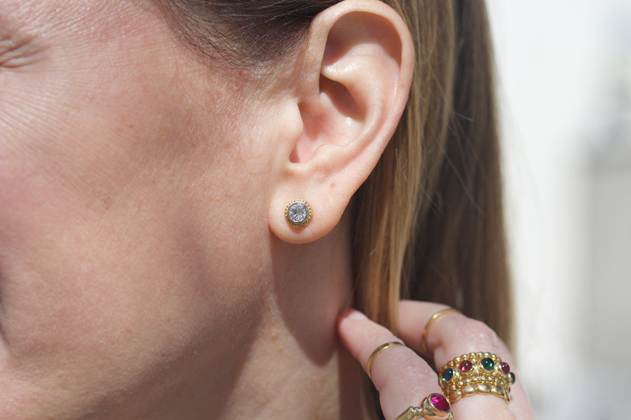 Beaded Halo Stud Earrings with European Cut Diamonds