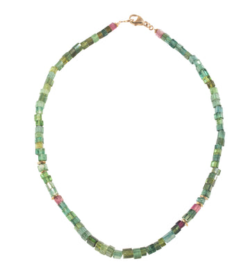 Green & Pink Tourmaline Necklace with High Karat Gold Beads
