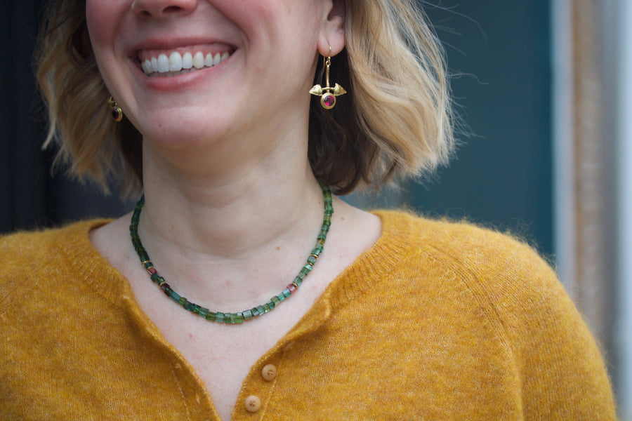 Green & Pink Tourmaline Necklace with High Karat Gold Beads