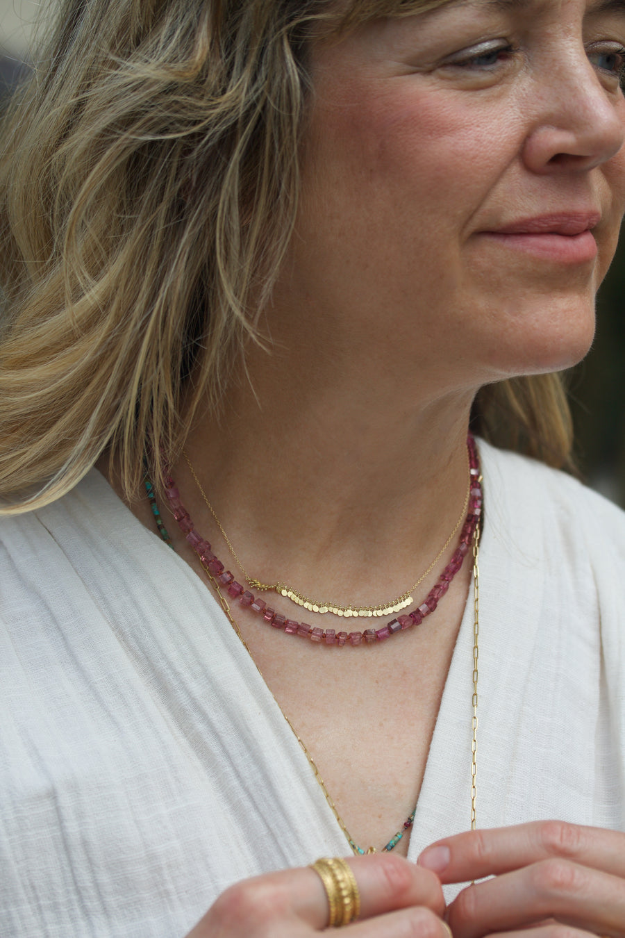 Pink Tourmaline & High Karat Gold Necklace on Silk with a Handmade Clasp