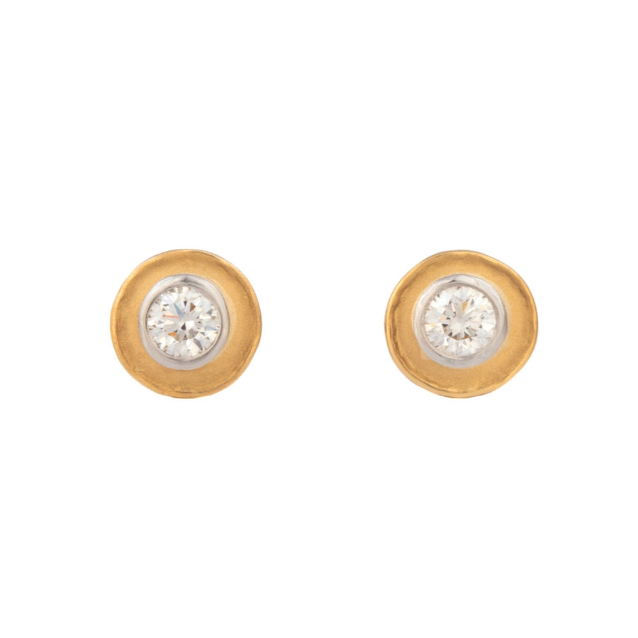 22k Disk Stud Earrings with Round Brilliant Diamonds