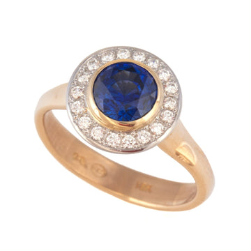 Lunette Ring with Blue Sapphire & Diamond Halo