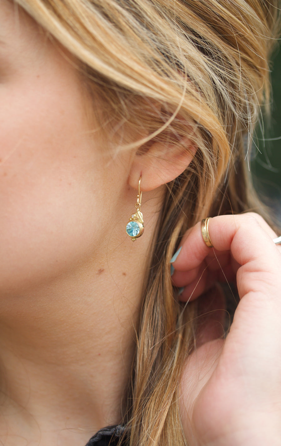 Leaf Motif Earrings with Blue Zircons