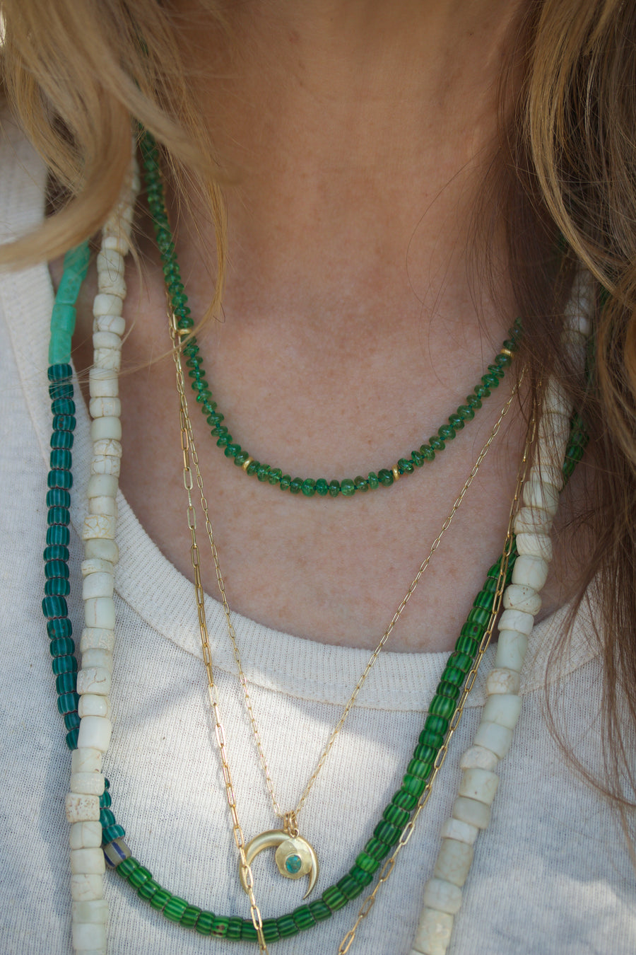 Tsavorite & High Karat Gold Beaded Necklace