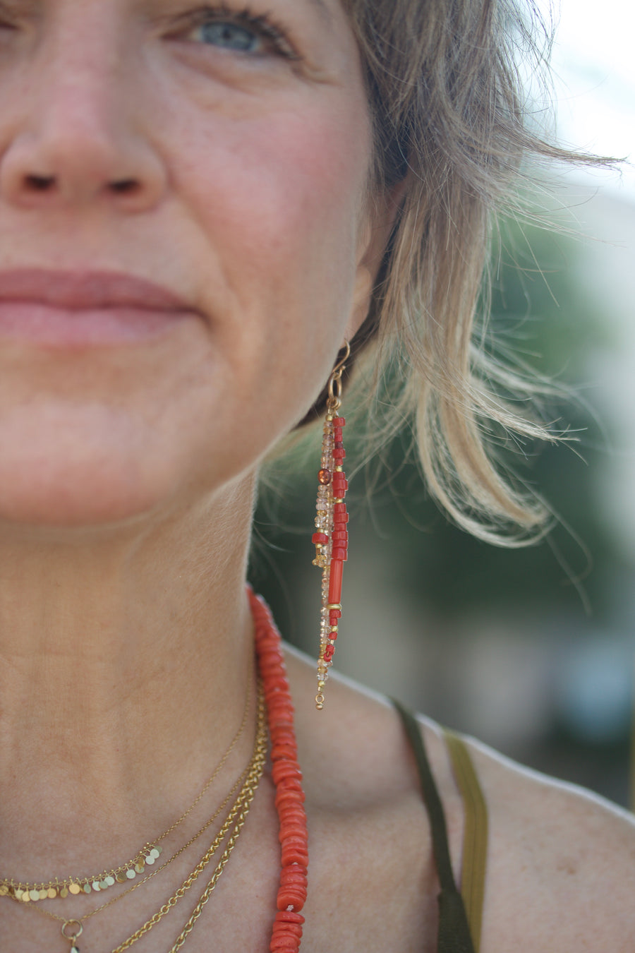 Coral, Montana Sapphire, Spinel, Orange Sapphire & High Karat Gold Dangle Earrings