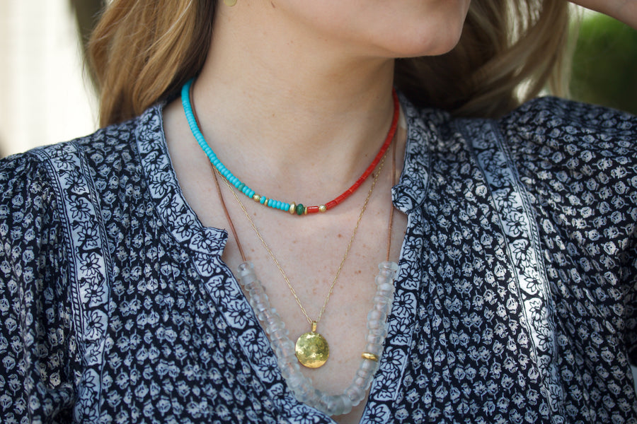 Half Turquoise, Half Coral & High Karat Gold Beaded Necklace