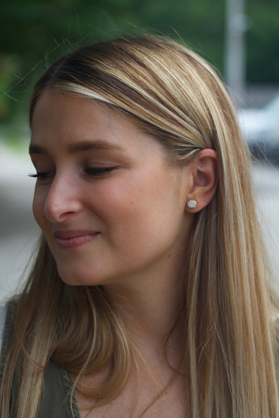 Triple Bead Carousel Stud Earrings with European Cut Diamonds