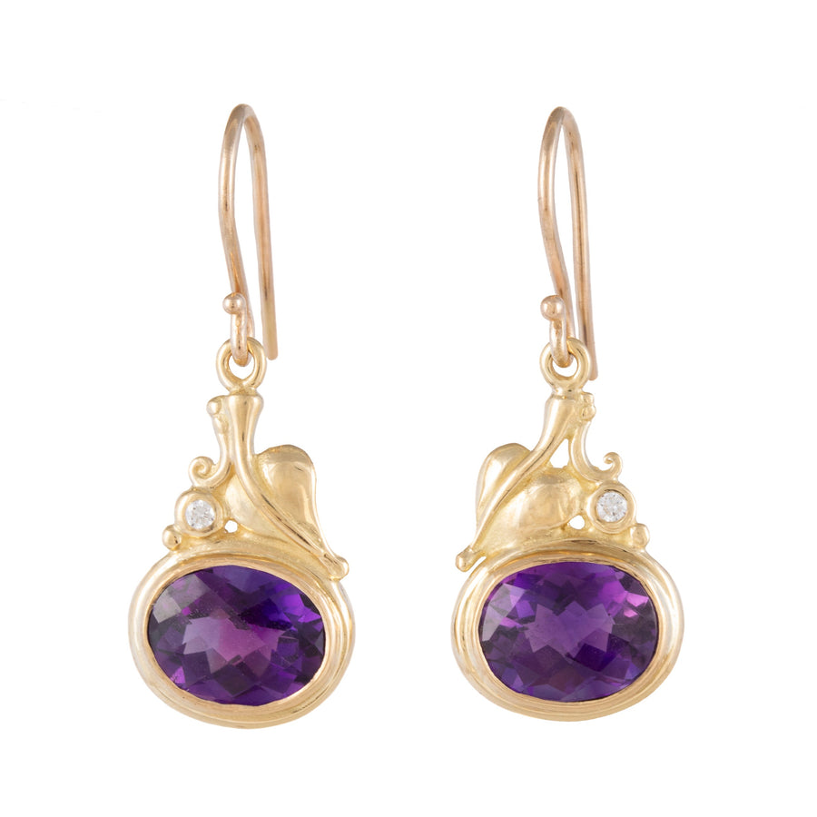 Amethyst & Diamond Leaf Motif Earrings
