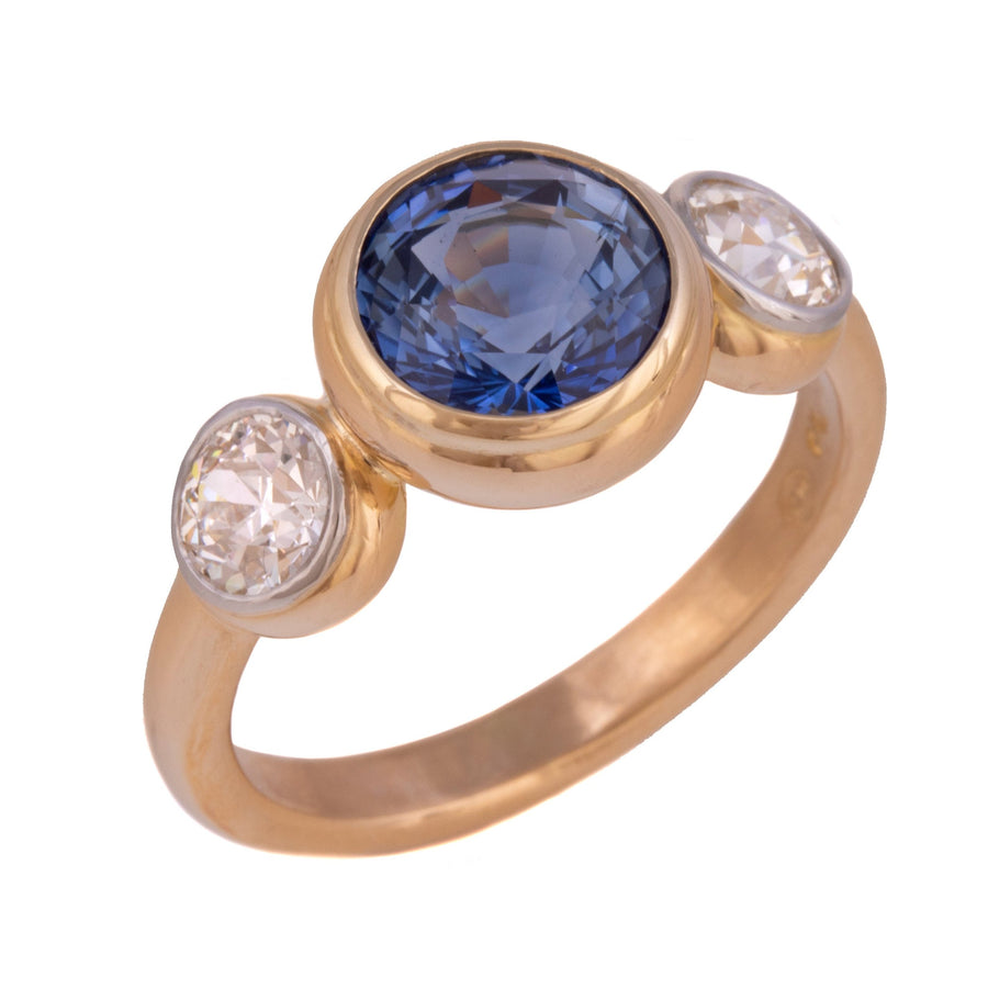 Blue Sapphire & European Cut Diamond Ring