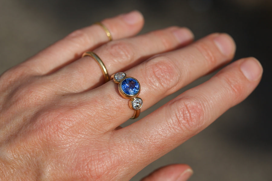 Blue Sapphire & European Cut Diamond Ring