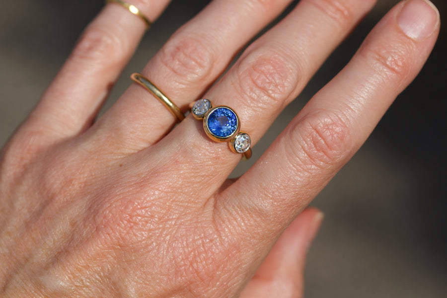 Blue Sapphire & European Cut Diamond Ring