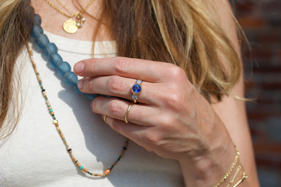 Blue Sapphire & European Cut Diamond Ring