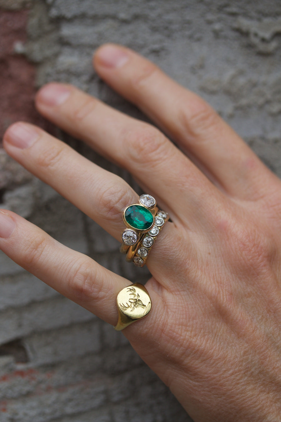 Emerald & European Cut Diamond Ring