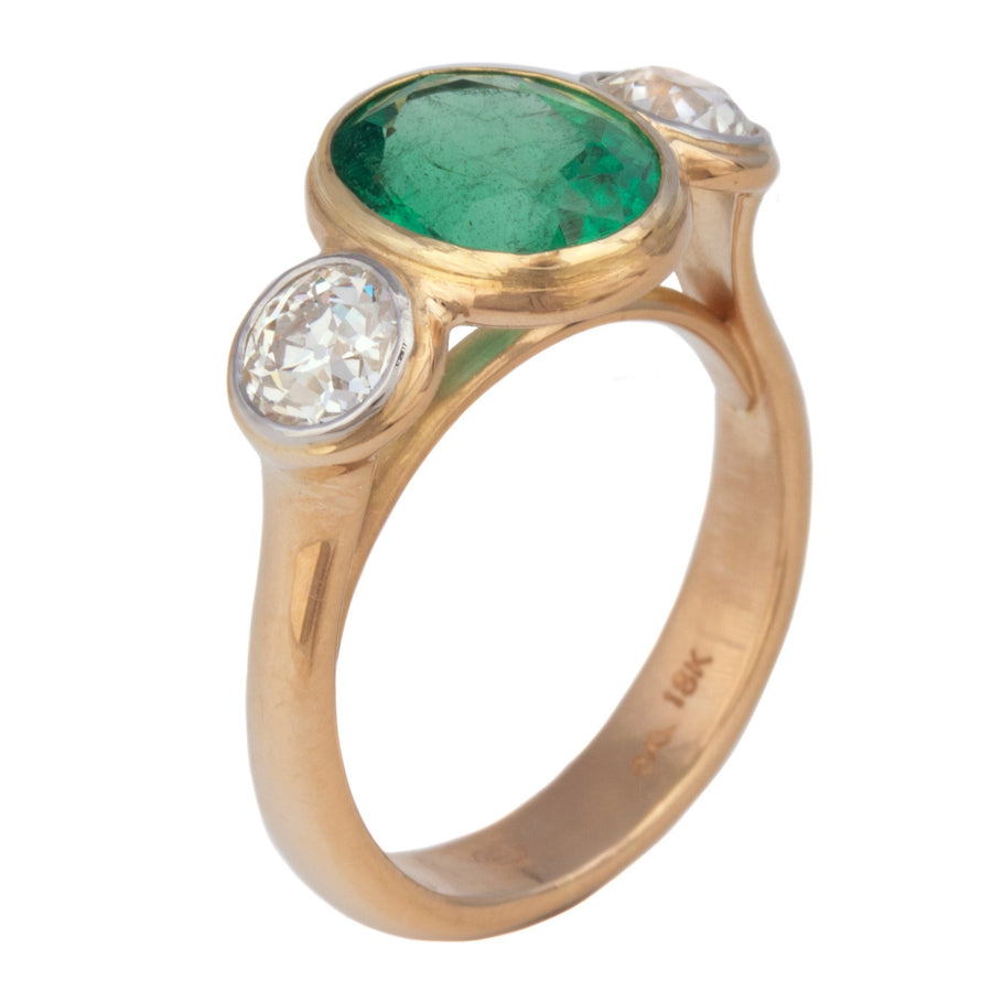 Emerald & European Cut Diamond Ring
