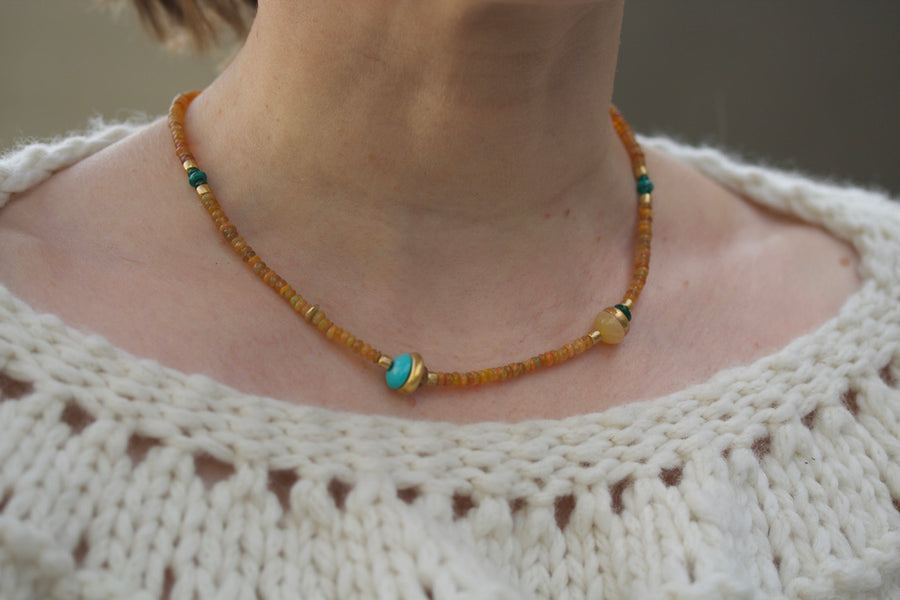 Opal, Turquoise, Carnelian & Emerald Necklace with High Karat Gold Beads
