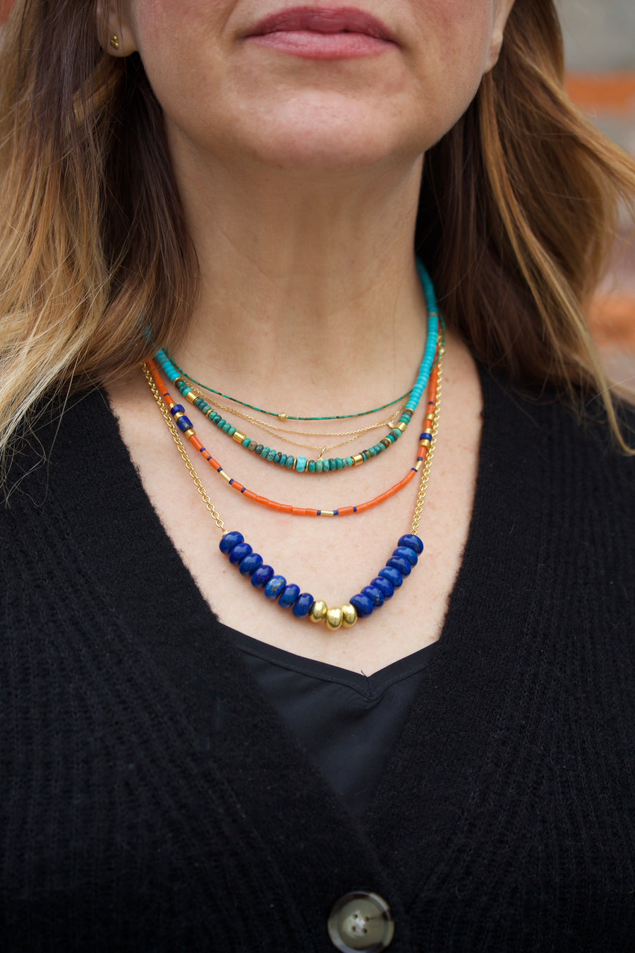Coral, Lapis Lazuli & High Karat Gold Beaded Necklace