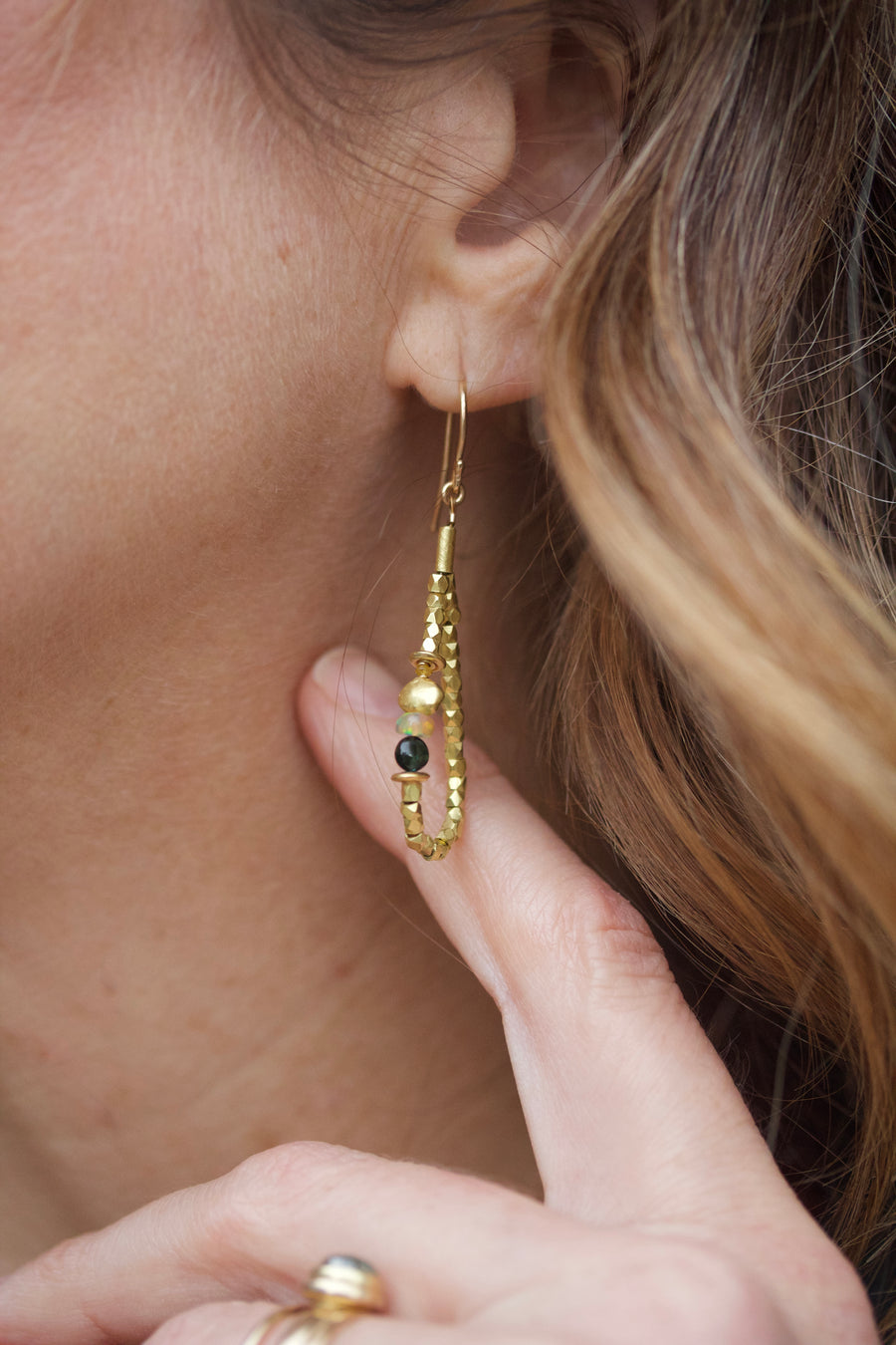 Faceted High Karat Gold Beaded Hoop Earrings with Opal, Tourmaline & Diamond
