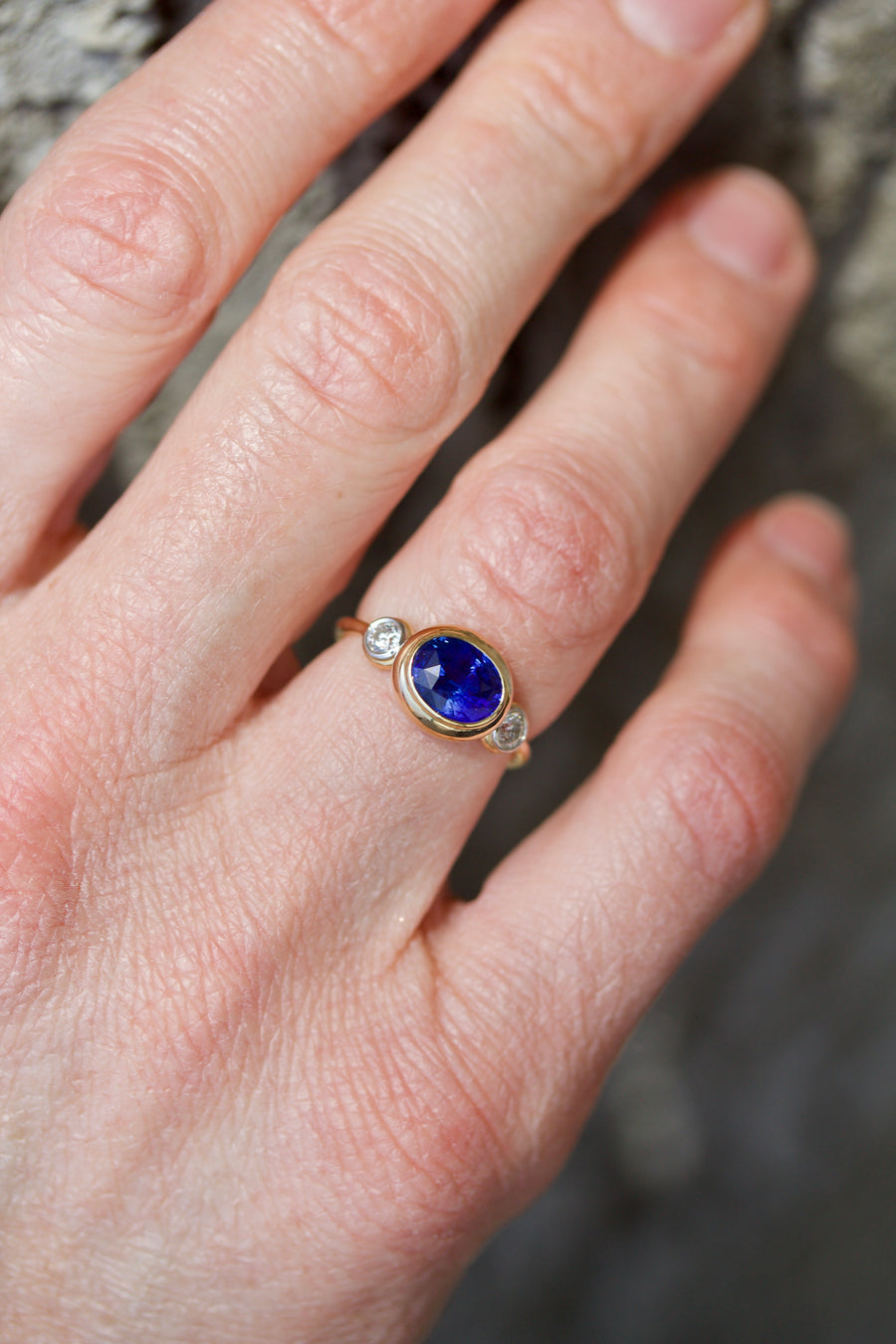 Faceted Blue Sapphire & European Cut Diamond Ring