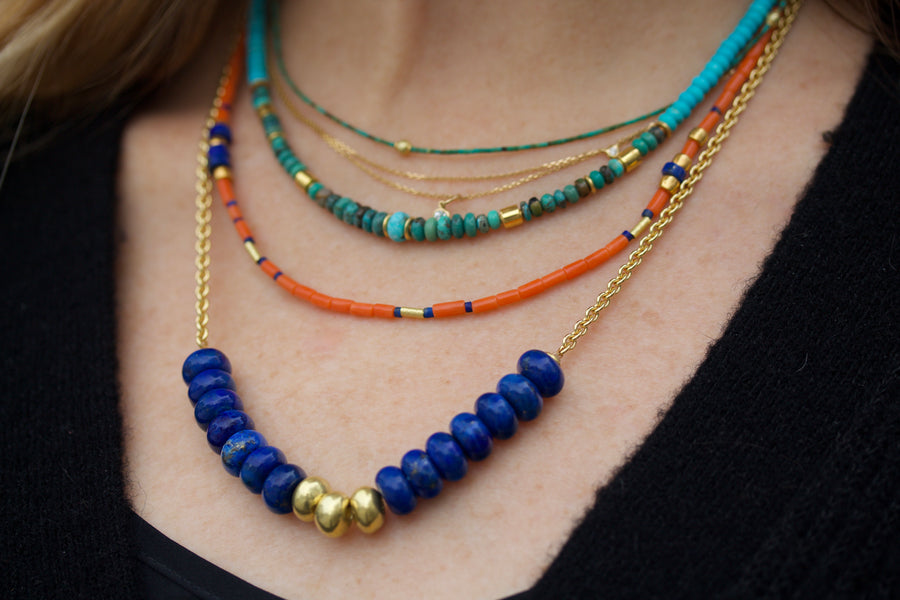 Coral, Lapis Lazuli & High Karat Gold Beaded Necklace