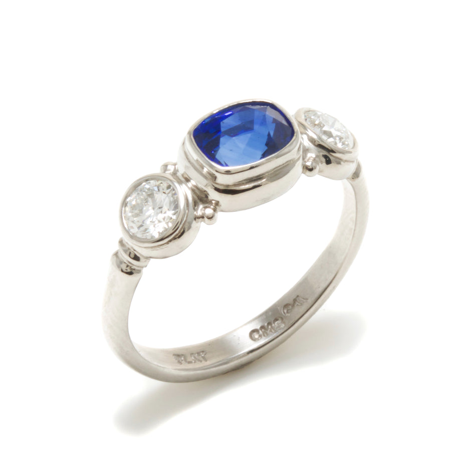 Blue Sapphire & Round Brilliant Diamond Ring in Platinum