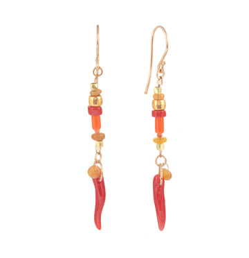 Coral, Opal & High Karat Gold Beaded Dangle Earrings