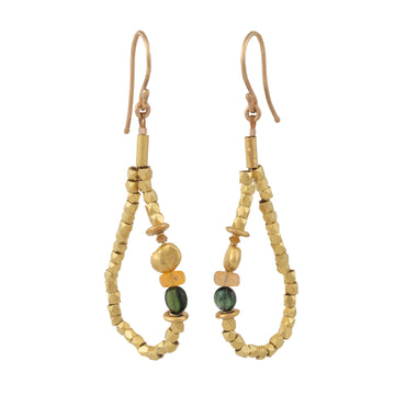 Faceted High Karat Gold Beaded Hoop Earrings with Opal, Tourmaline & Diamond