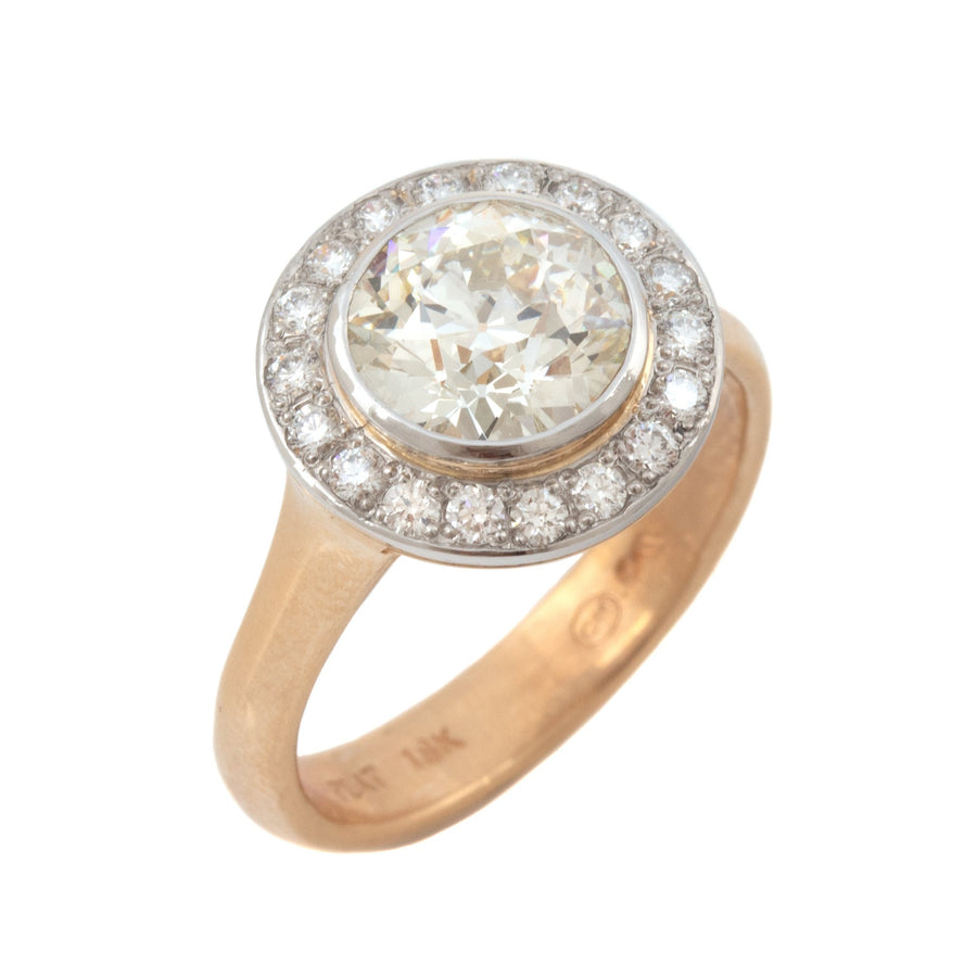 Lunette Engagement Ring with European Cut Diamond & Diamond Halo