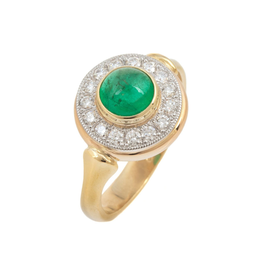 Cabochon Cut Emerald Ring with Diamond Surround