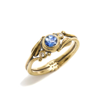Leaf Motif Ring with Sapphire & Diamonds