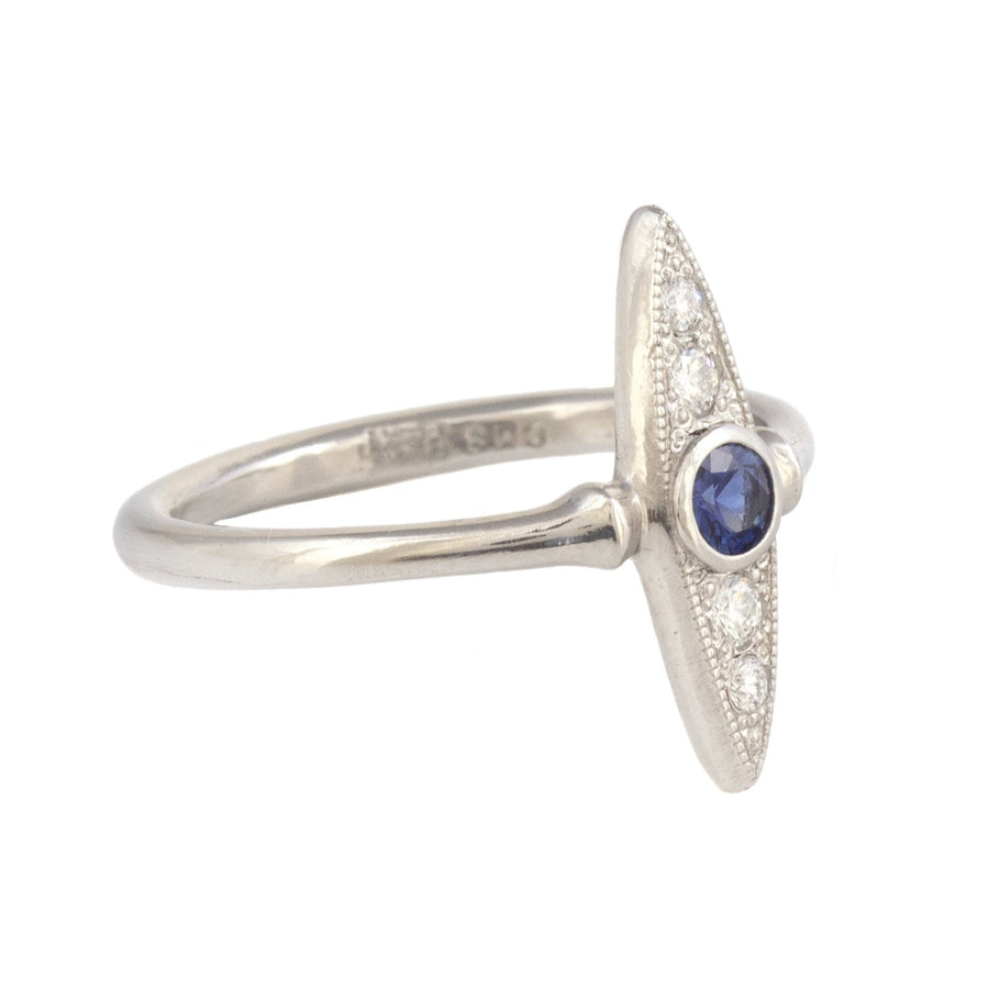 Blue Sapphire & Diamond Navette Style Ring in Platinum