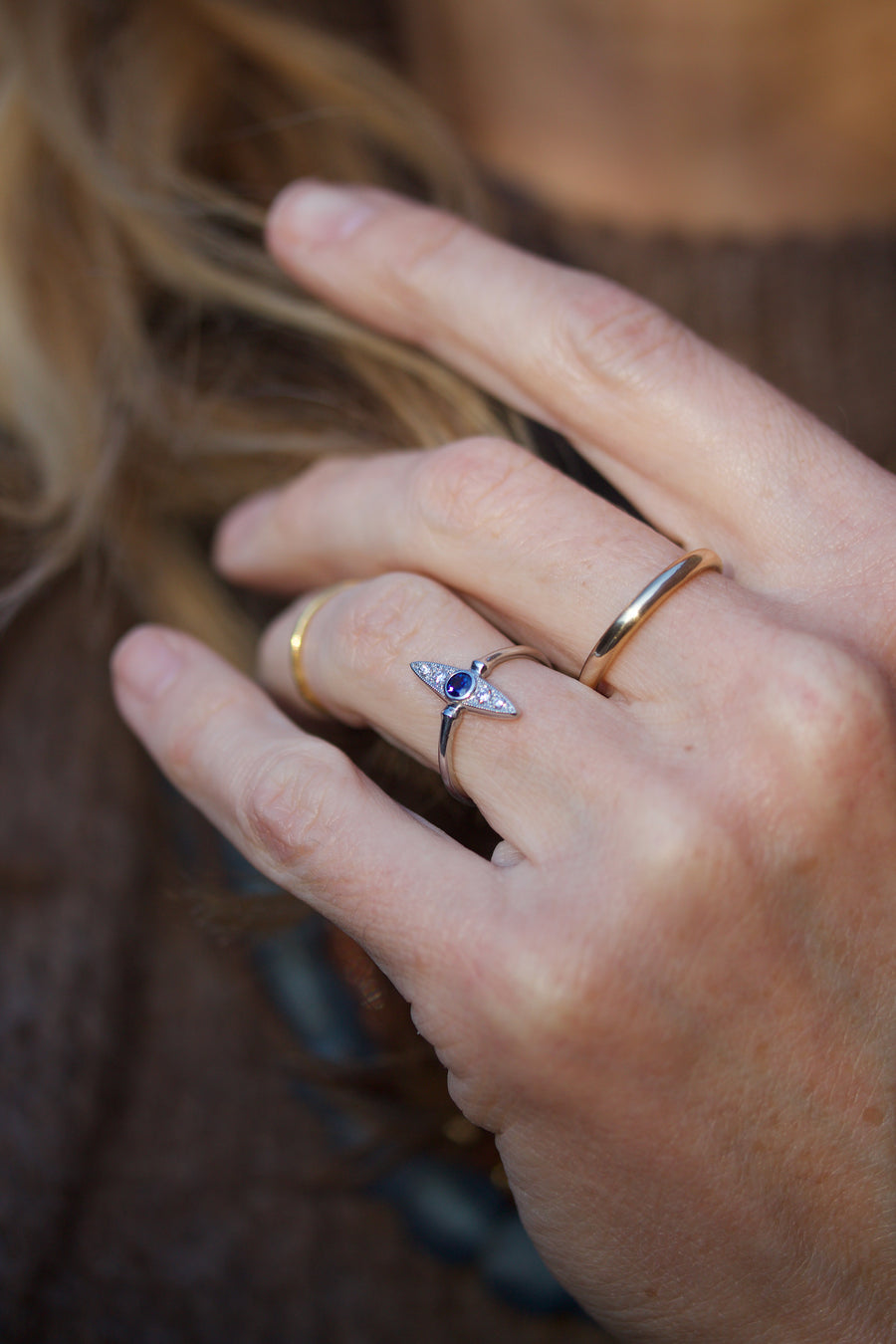 Blue Sapphire & Diamond Navette Style Ring in Platinum