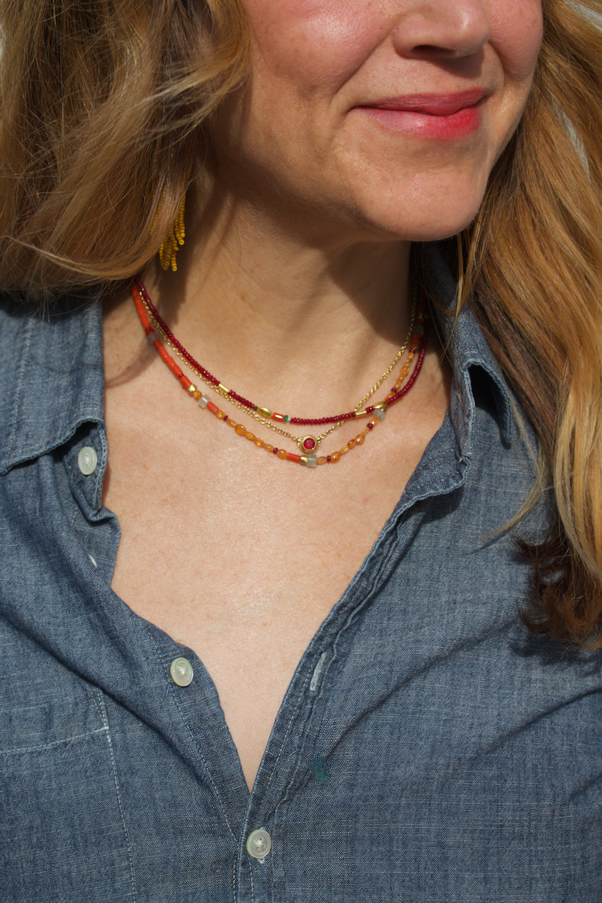 Coral, Spessartite, Ruby, Aquamarine &  High Karat Gold Beaded Necklace with a Handmade Clasp