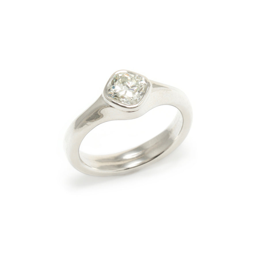 Carved Platinum Ring with Cushion Cut Diamond