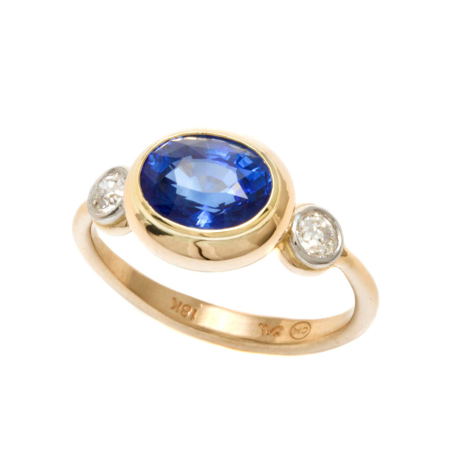 Faceted Blue Sapphire & European Cut Diamond Ring