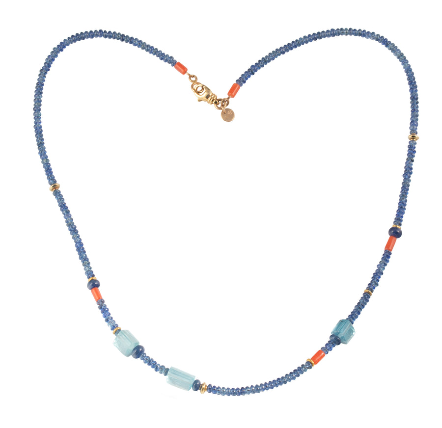 Sapphire, Coral, Aquamarine with High Karat Gold Beaded Necklace