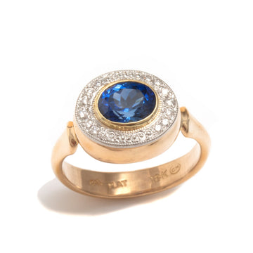 Blue Sapphire Ring with Diamond & Bead Halo
