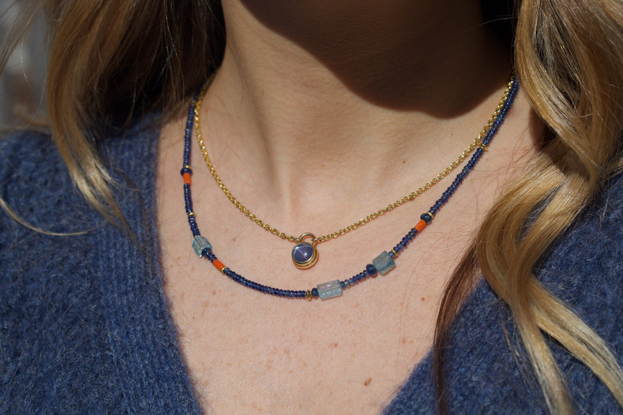 Sapphire, Coral, Aquamarine with High Karat Gold Beaded Necklace